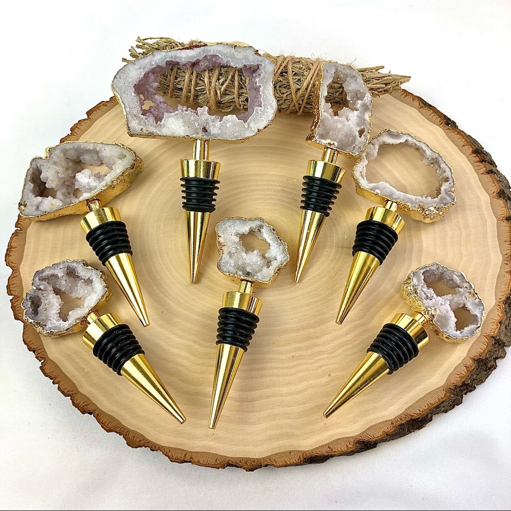 Clear Crystal Quartz Druzy Geode gold plated wine bottle stopper topper stone - Picture 10 of 13